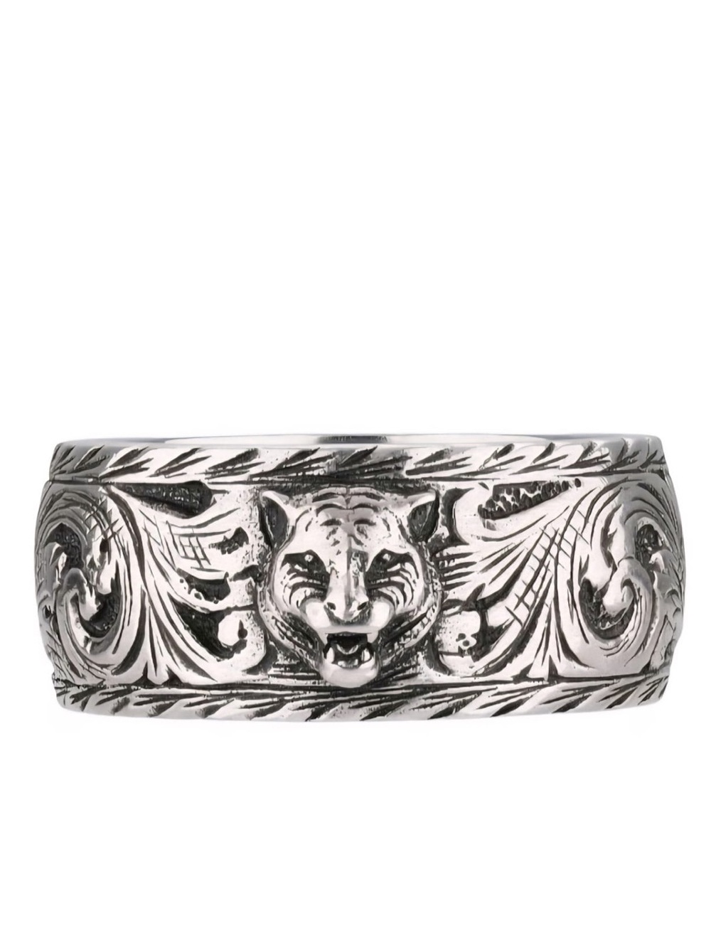 Gucci Silver-Tone Engraved Tiger Motif Men's Band